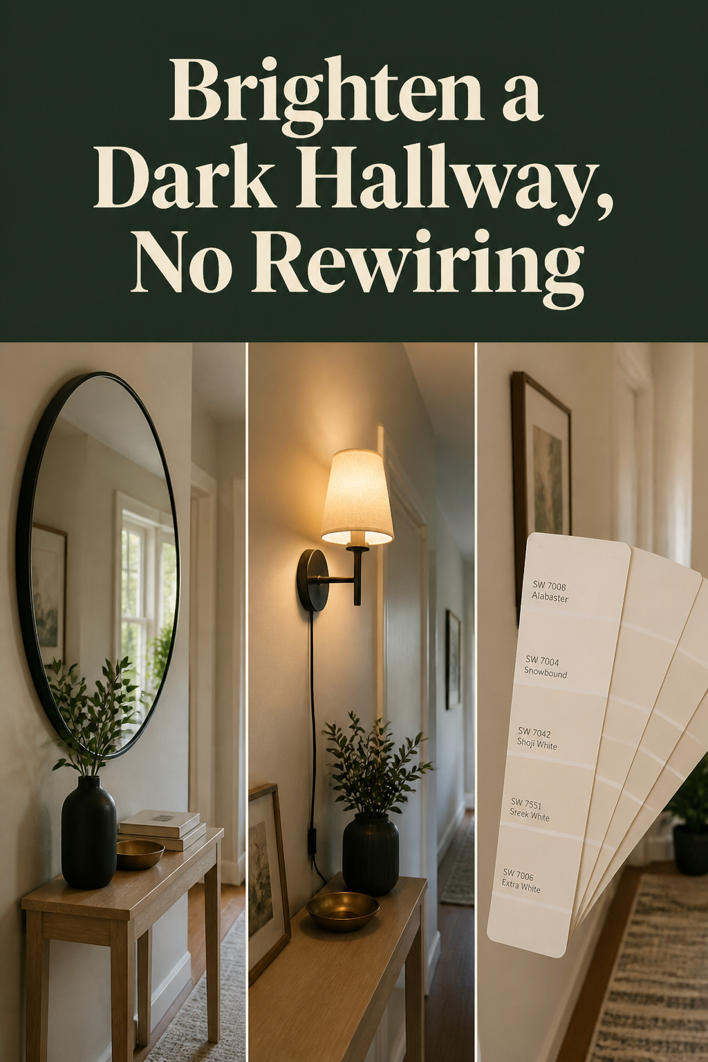 Three-panel collage for brightening a dark hallway: a reflective mirror, a warm plug-in sconce, and high-LRV white paint swatches, under a forest green banner