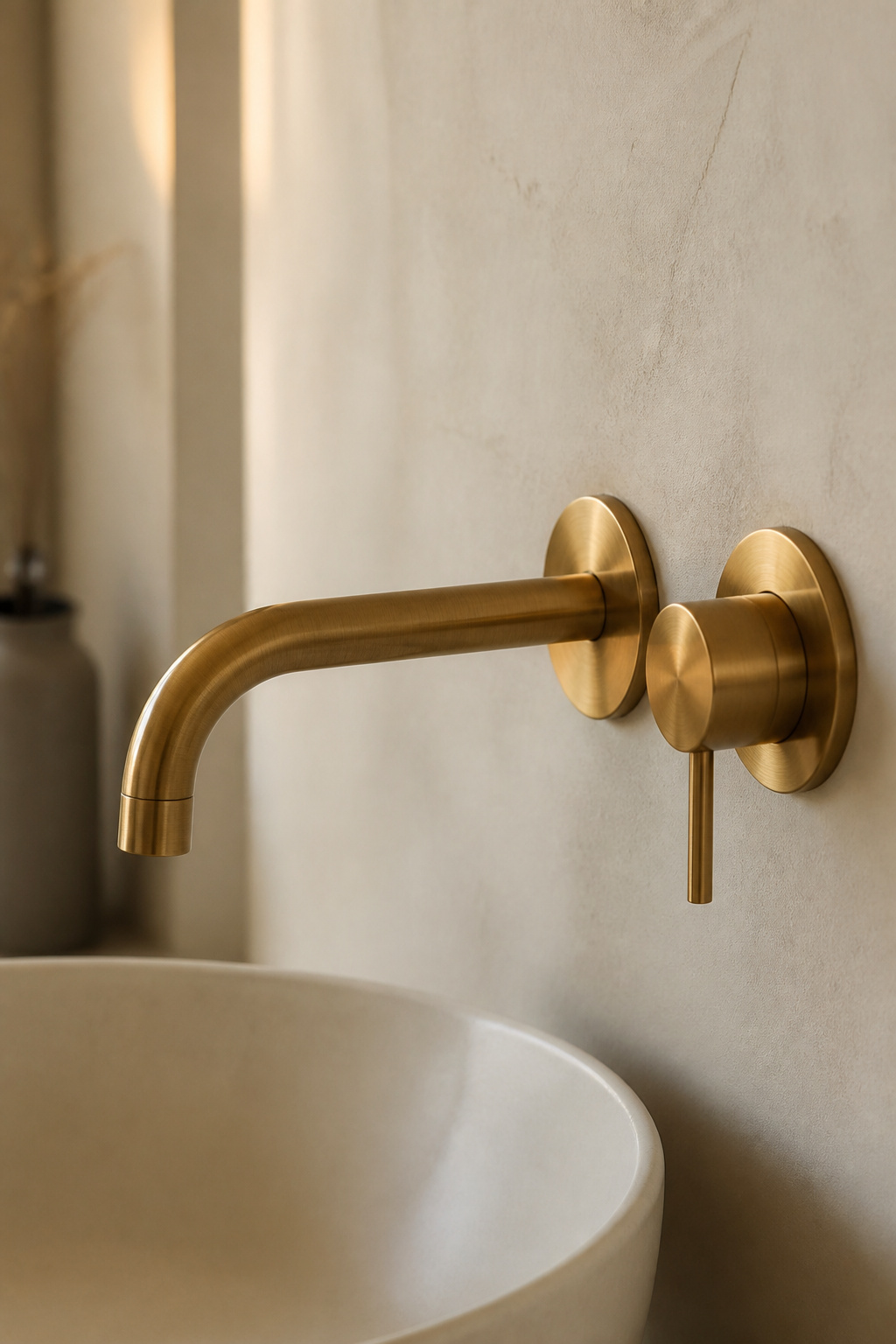 Brushed-brass wall-mounted bathroom faucet installed against a bone microcement wall above a matte off-white basin