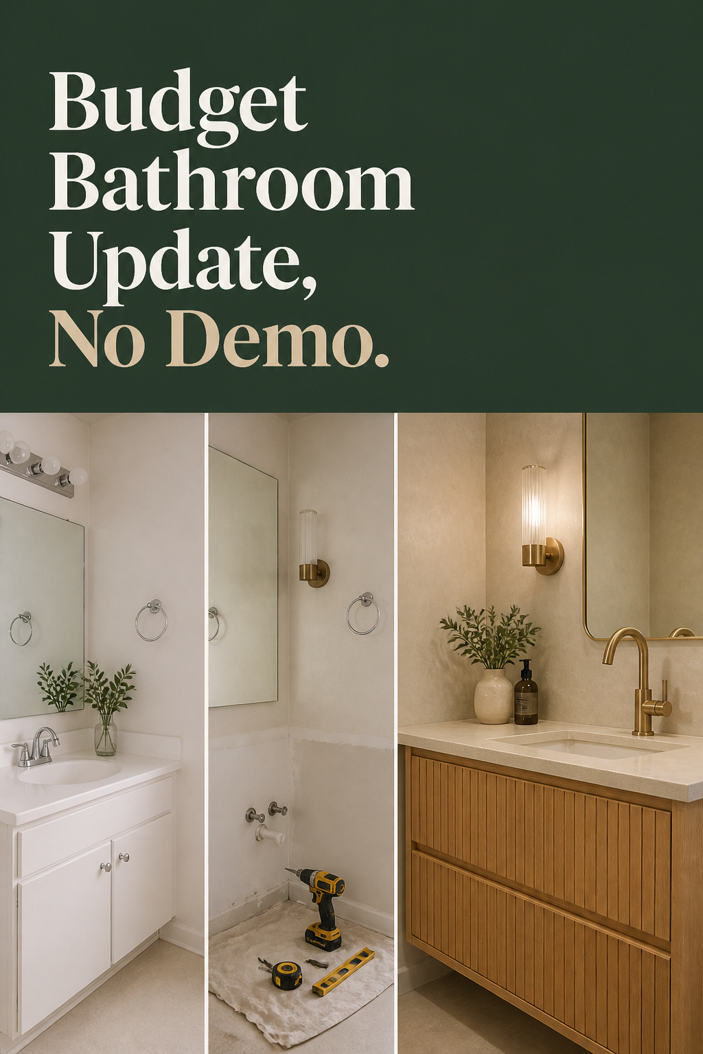 Three-panel before and after collage of a budget bathroom vanity swap ending in a warm oak vanity with brushed-brass faucet