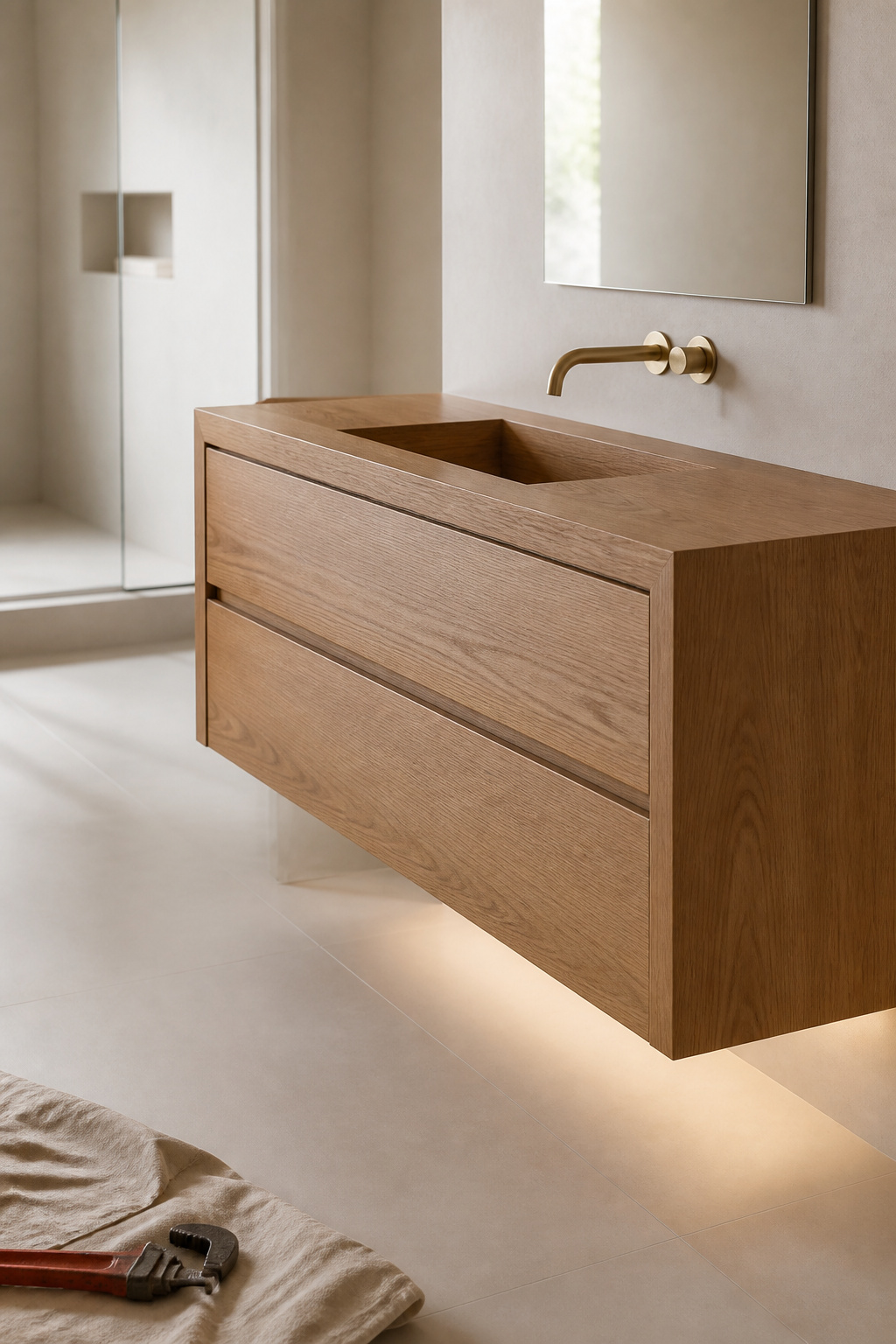 Warm oak bathroom vanity with a brushed-brass faucet installed against a bone microcement wall, a pipe wrench and drop cloth on the floor beside it