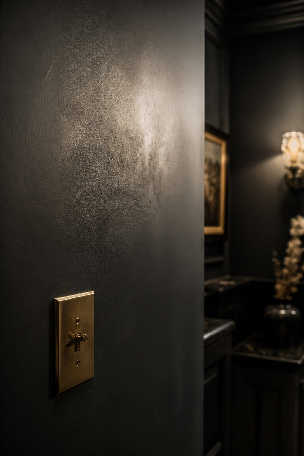 Close-up of a dark flat-sheen wall beside a brass light switch plate showing a faint burnished patch from repeated touching