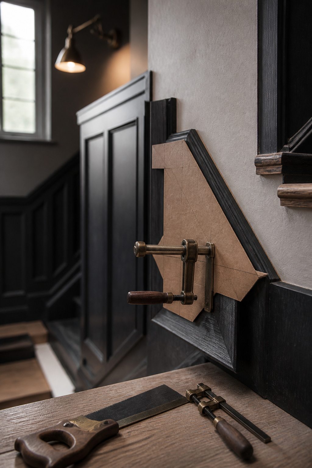 Cardboard angle template clamped against a charcoal panel corner mid-installation on a stepped staircase wall
