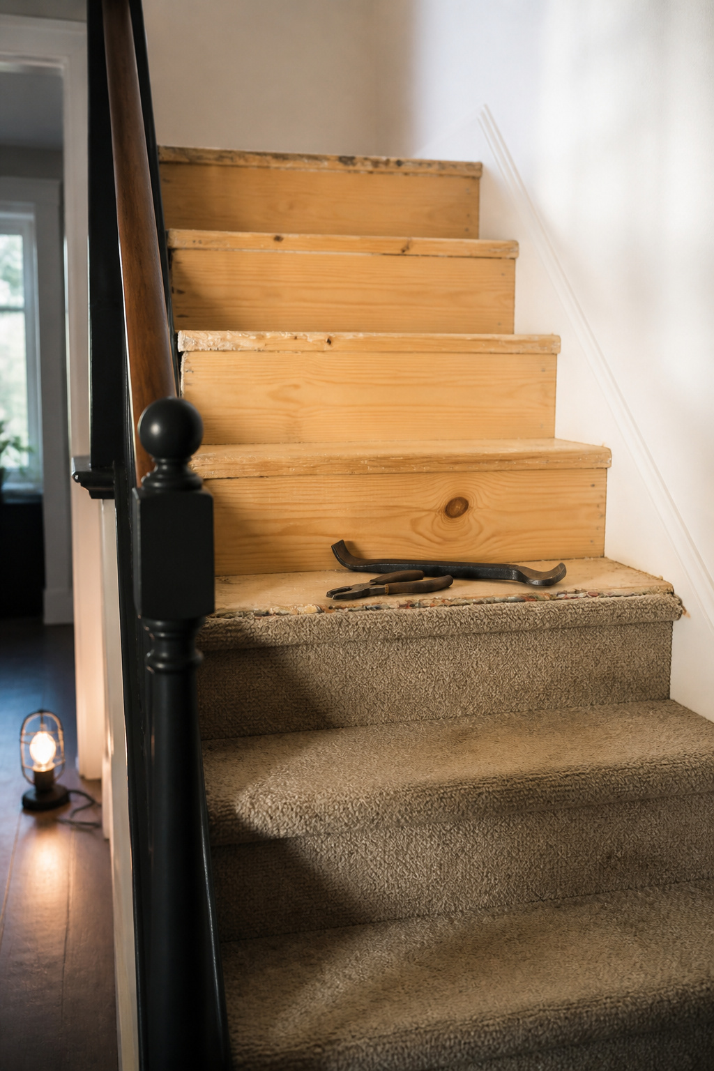 Staircase partway through carpet removal, top treads stripped to bare pine with a pry bar and torn carpet edge visible