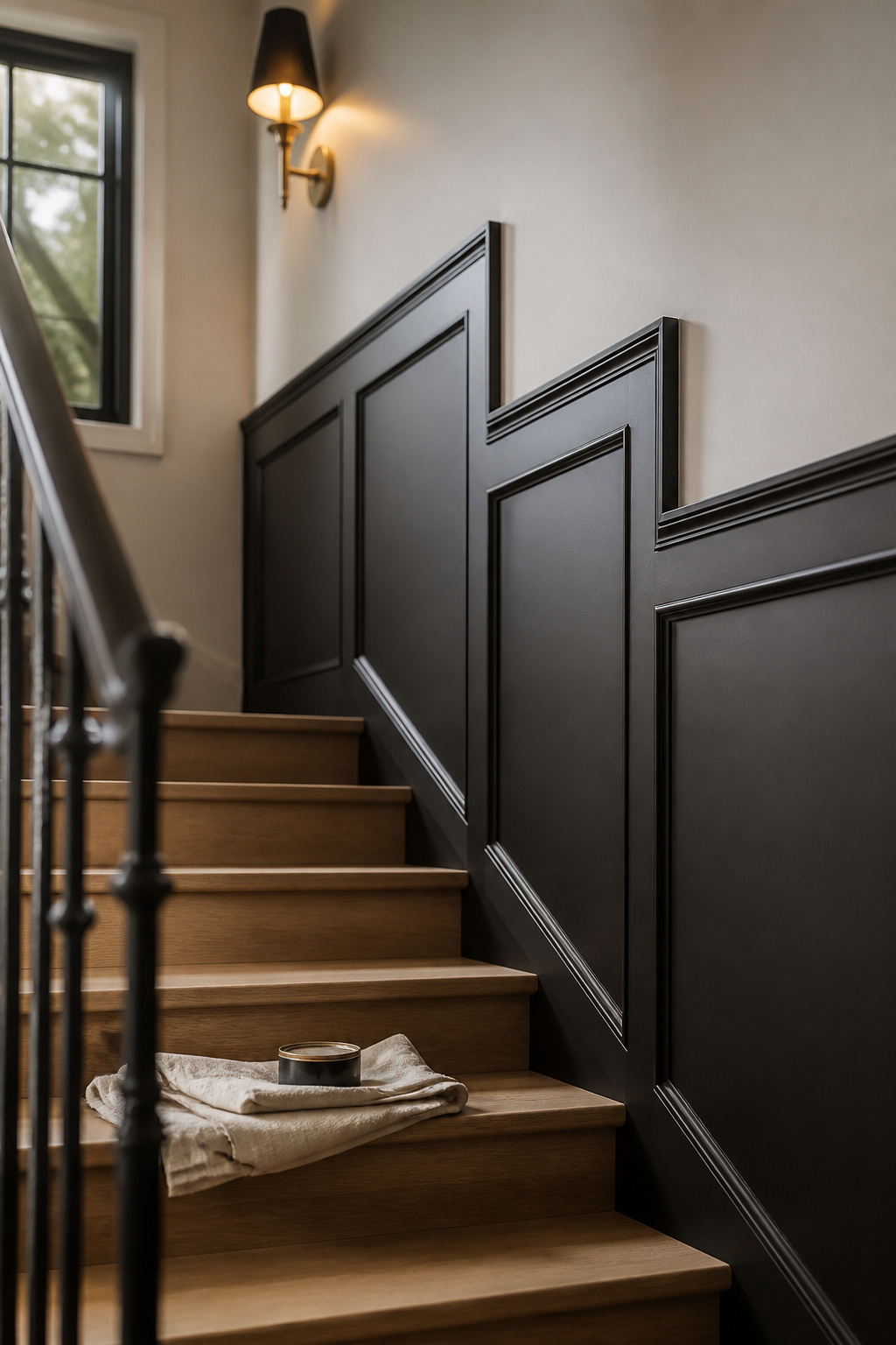 Charcoal picture-frame panelling stepping up a staircase wall above natural oak treads and a black iron baluster