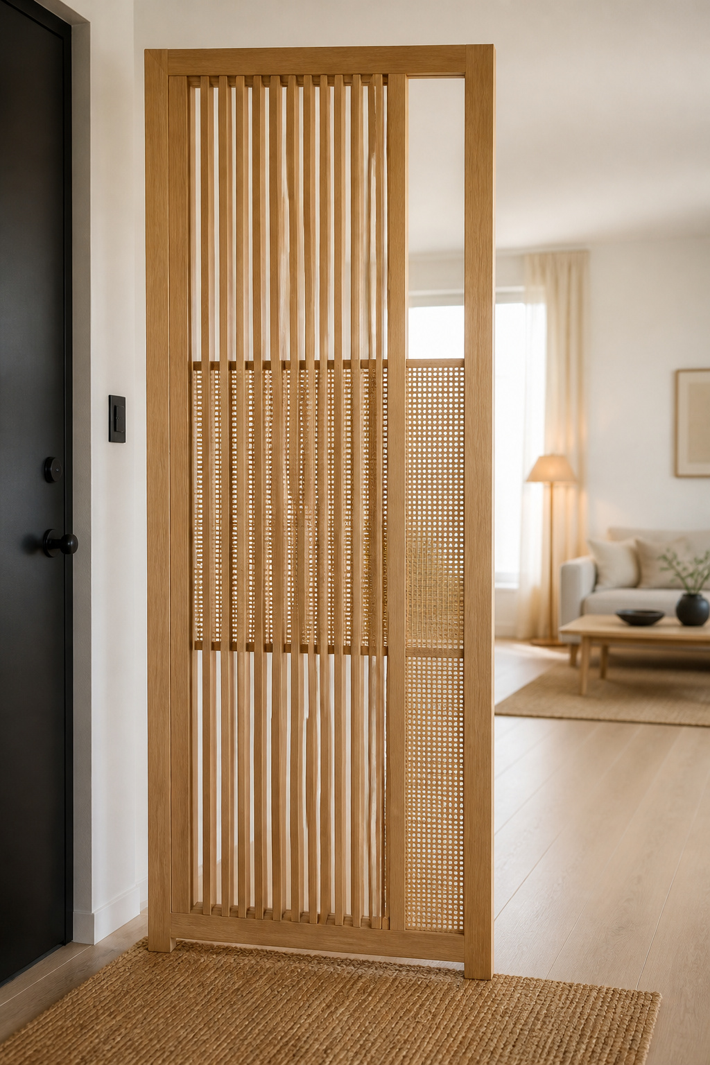 Light oak and rattan slatted room divider positioned between a rental studio's front door and living space, jute rug beneath