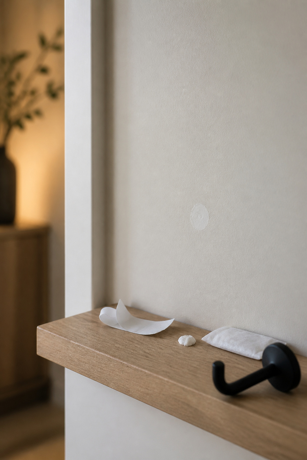 Freshly removed adhesive strip beside an unmarked patch of pale greige entryway wall, with a spackle dab and alcohol wipe on the sill