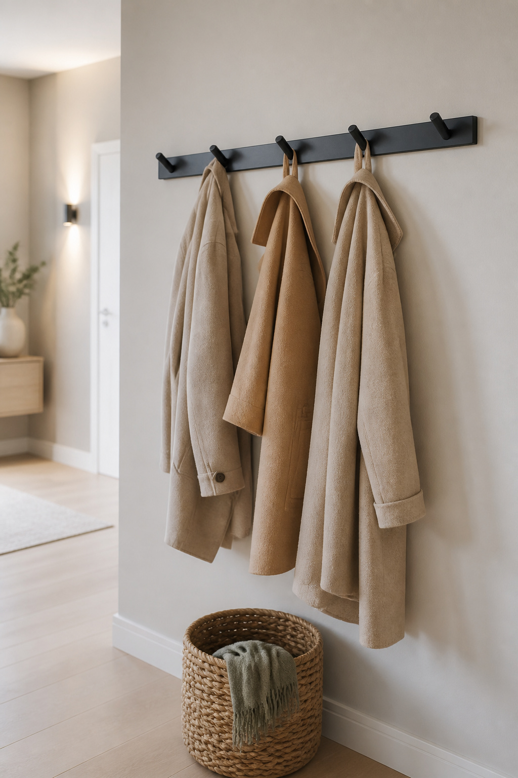 Matte black wall-mounted coat rail holding three coats above a woven jute basket in a small rental apartment entryway