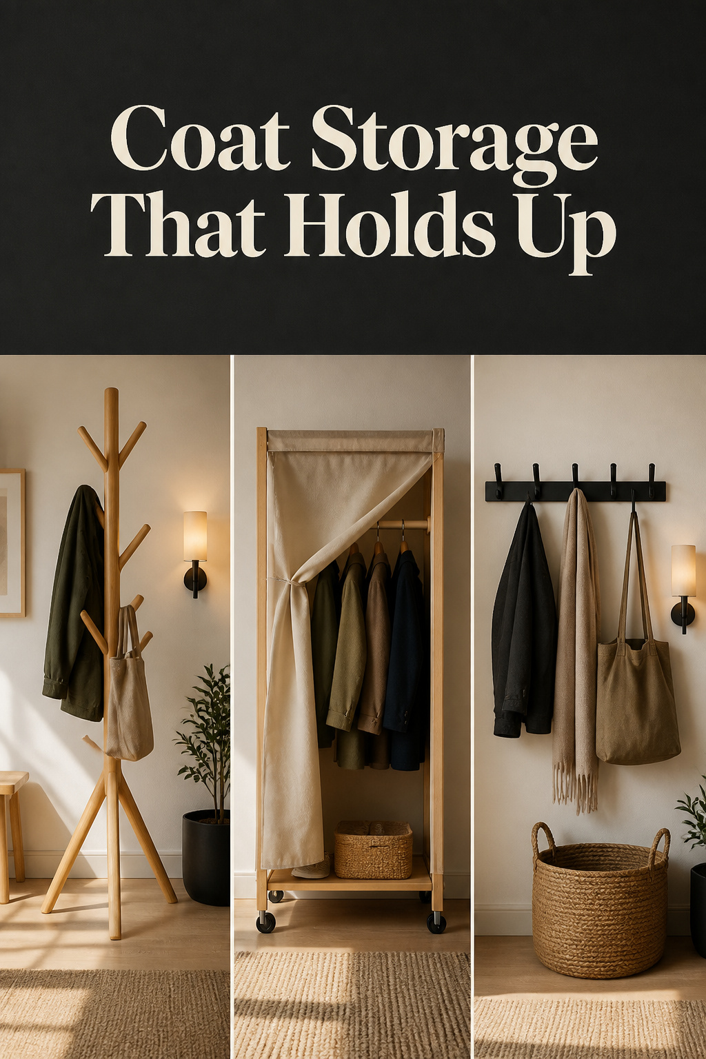 Pinterest collage of three coat storage solutions for apartments without a closet: a freestanding coat tree, a wheeled garment rail, and a wall-mounted hook rail