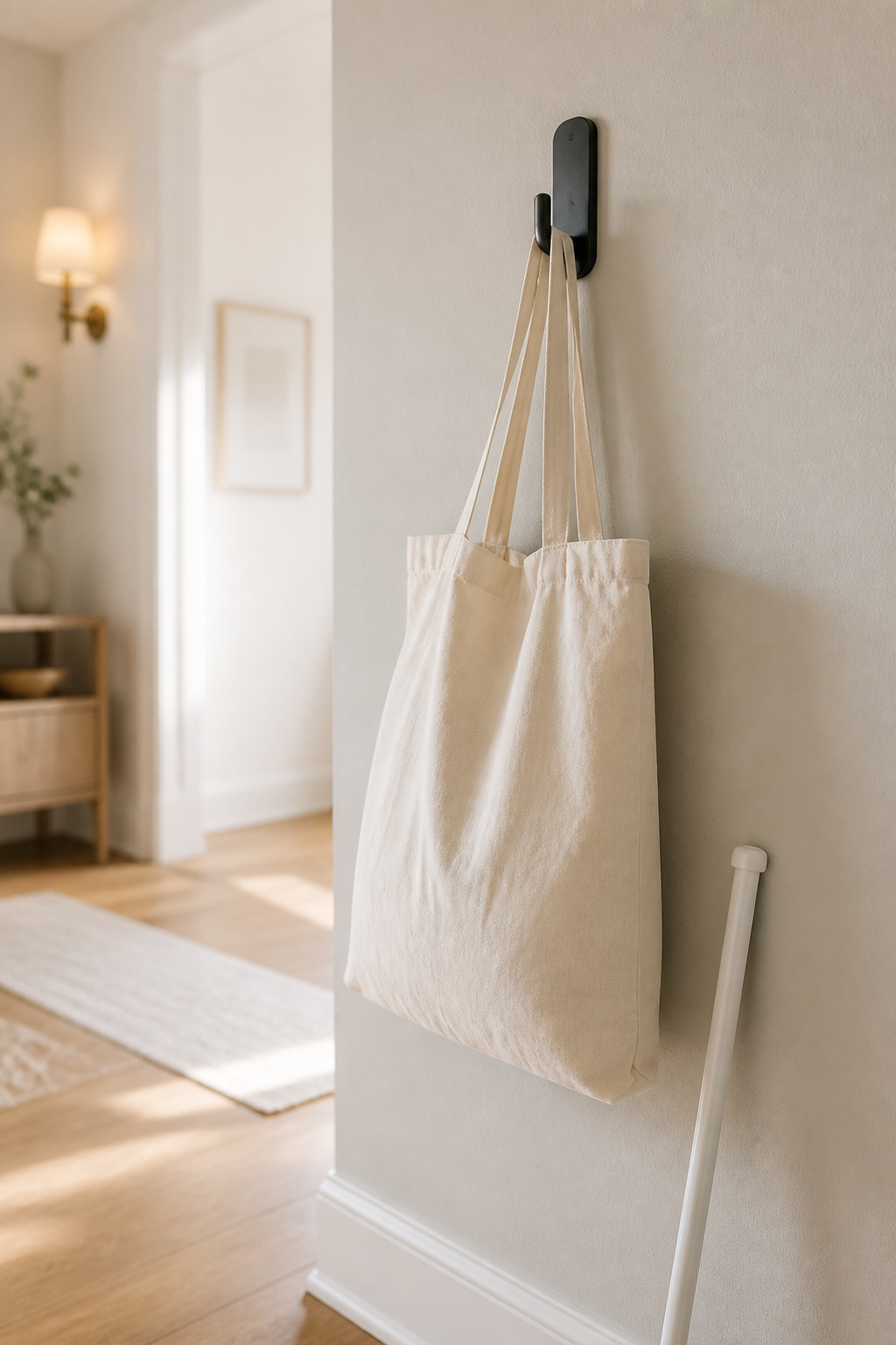 Matte black adhesive wall hook holding a canvas tote bag, with a spring tension rod resting against the baseboard