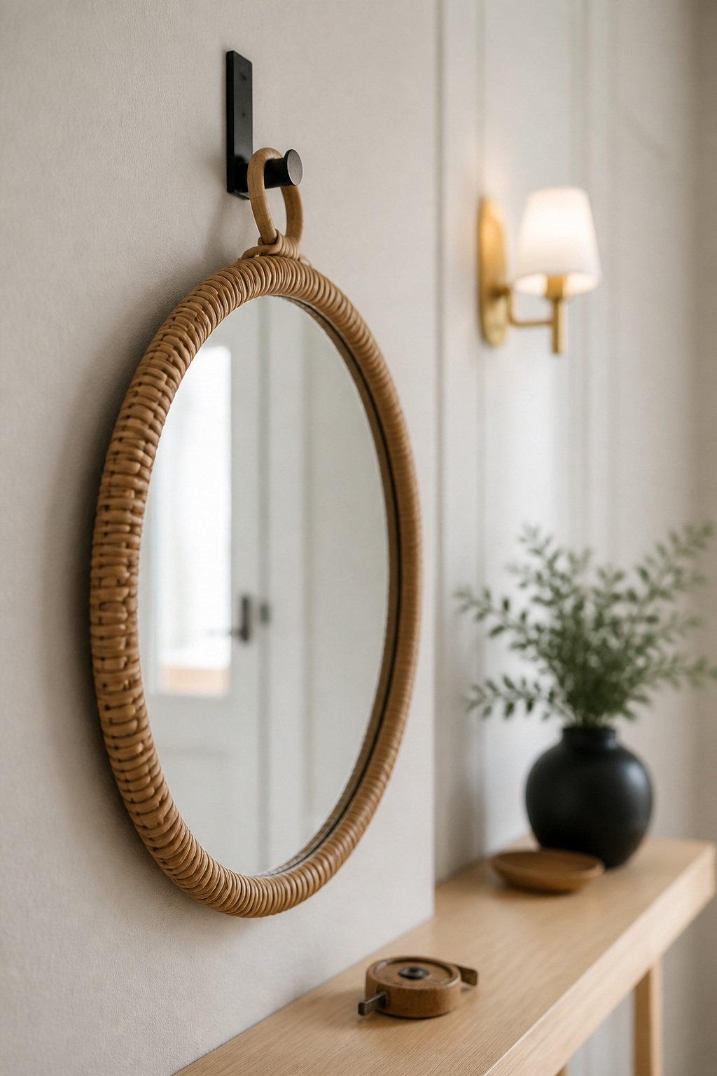 Matte-black adhesive hook mounted on a pale-greige wall holding a full-size rattan-framed mirror