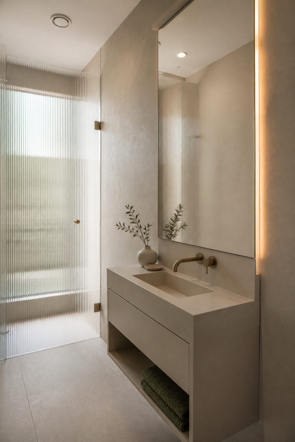 Small modern bathroom with a slim floating vanity and full-height mirror against a seamless pale-greige wall