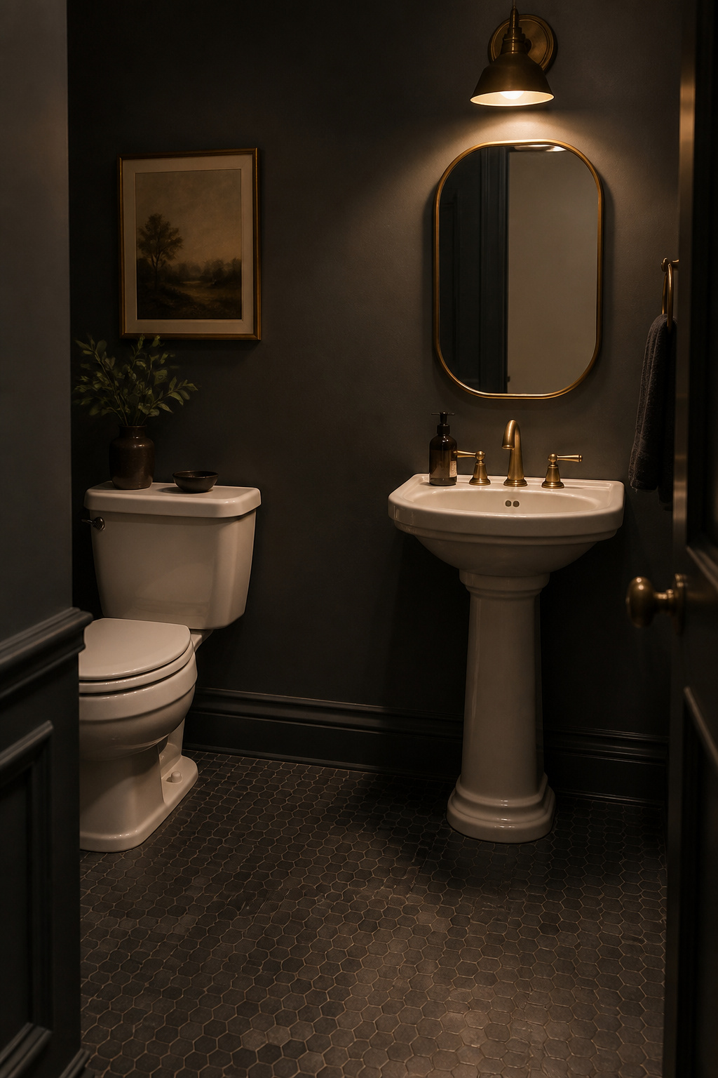 Toilet and small pedestal sink sharing one wall in a compact charcoal powder room