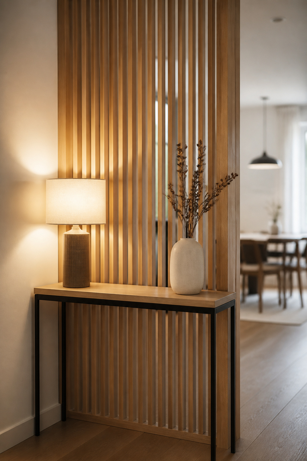 Narrow matte black console table backed into a light oak slatted room divider panel in a studio entry