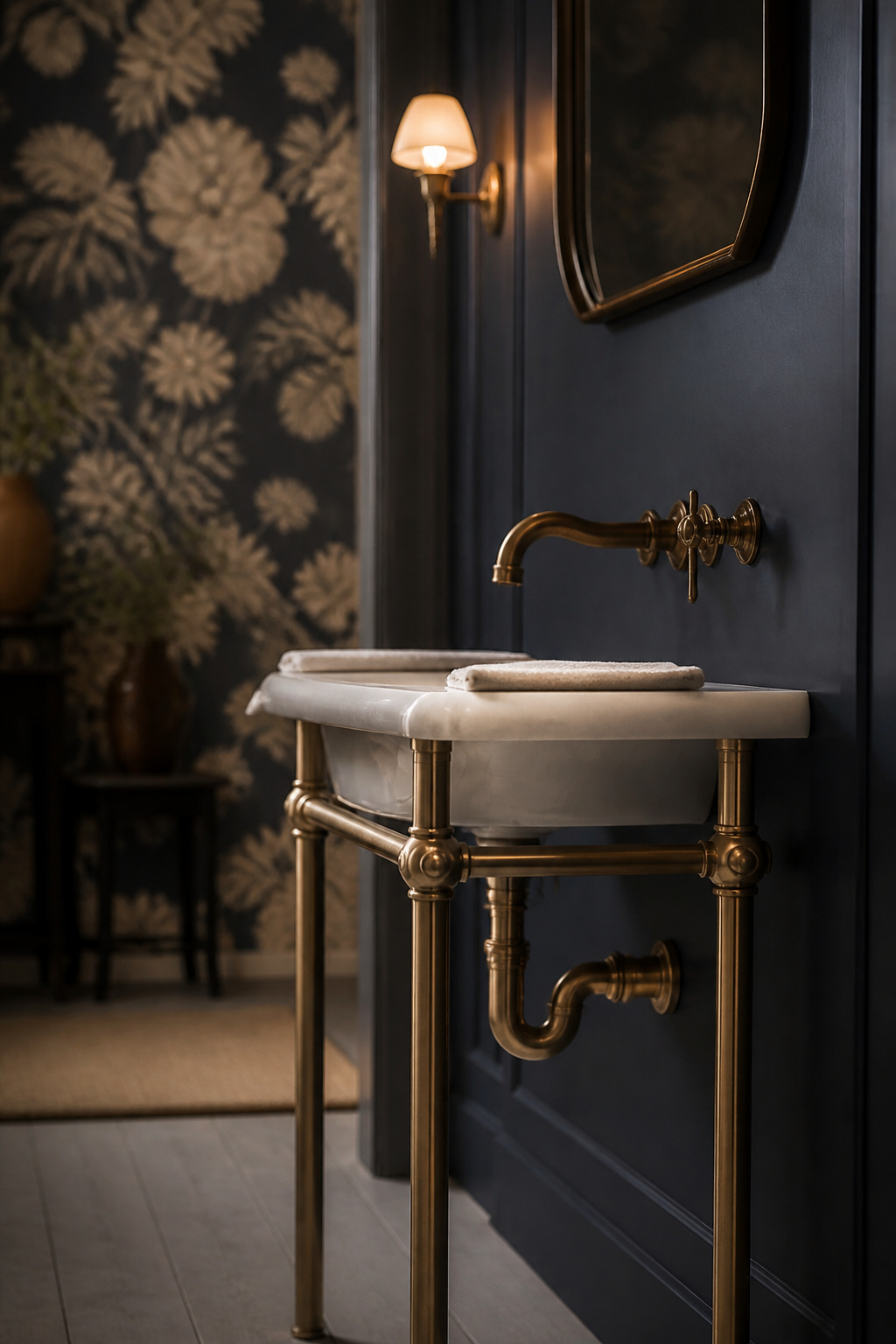 Console sink on antique brass legs with visible P-trap in a deep navy powder room