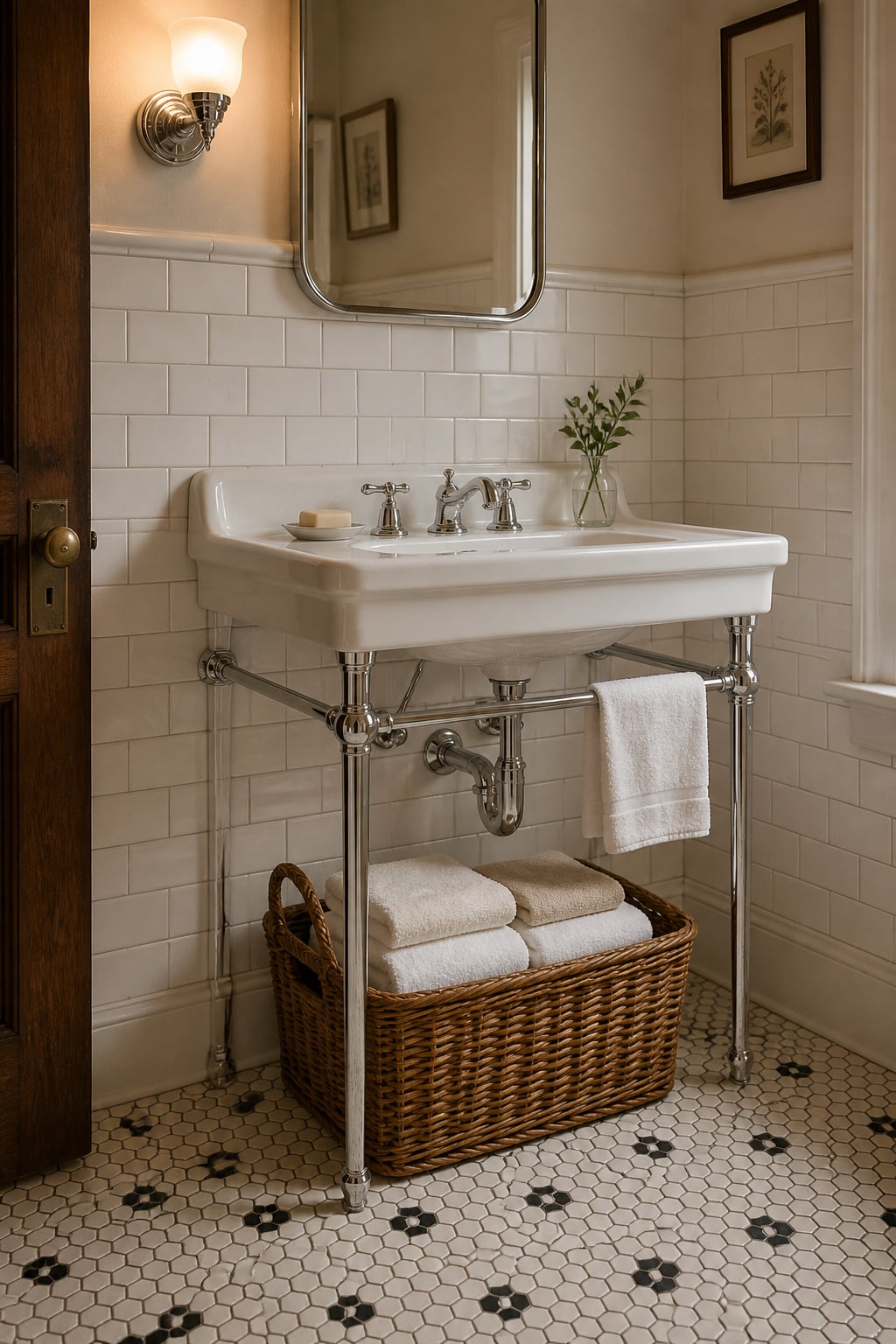 Period apothecary-style console sink with chrome legs, a wicker towel basket between the front legs, and a hand towel on the lower rail