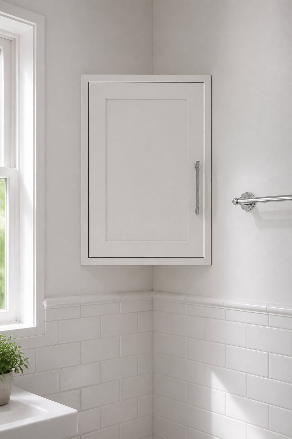Compact white surface-mount corner bathroom cabinet fitted flush at the junction of two white walls, with a chrome handle and towel bar beside it