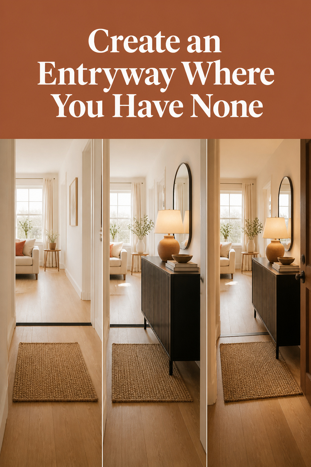 Pinterest pin collage showing three stages of creating a rental entryway: a painted boundary line with rug, an angled console, and a finished calm threshold