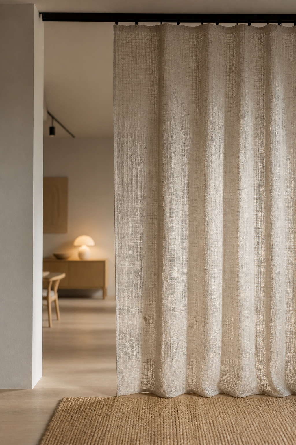 Oatmeal flatweave curtain hanging from a matte black ceiling track dividing a studio apartment entry from the living space