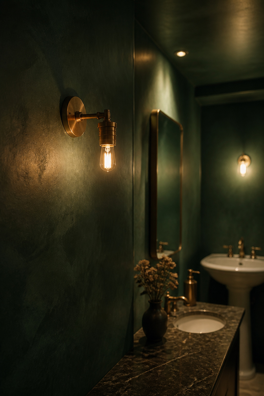 Small windowless powder room painted deep forest green on walls and ceiling with a brass sconce and marble vanity top