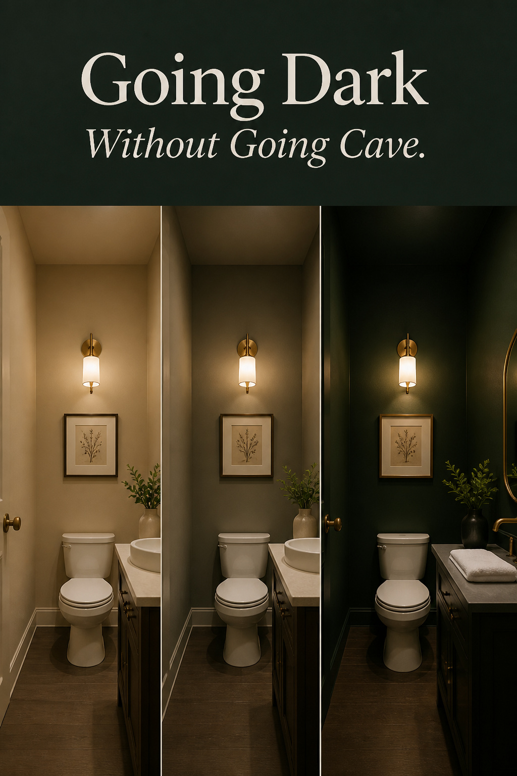 Three-panel before-and-after collage of a powder room going from beige to a finished deep forest green with brass fittings