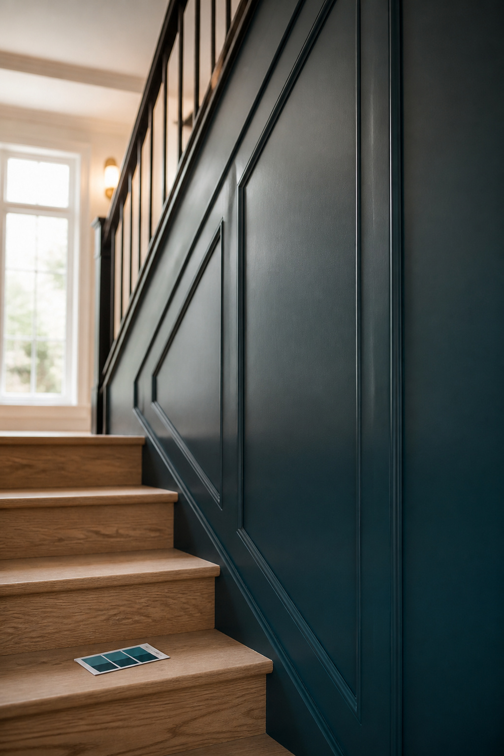 Deep blue-green flat panel wall treatment on a modern staircase above natural oak treads