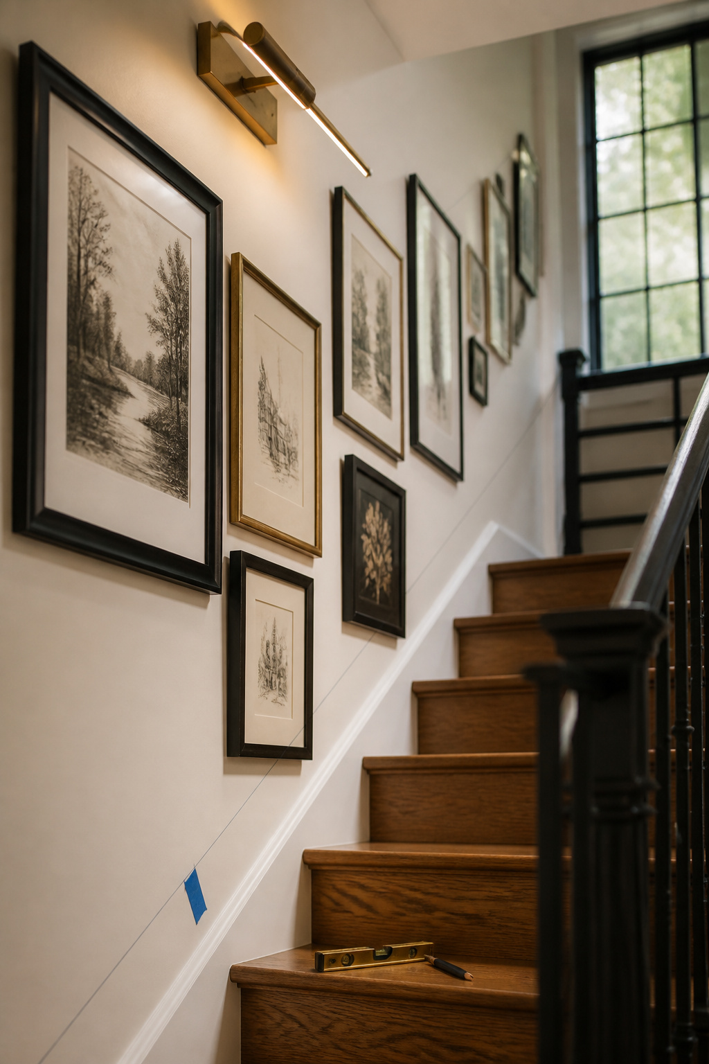 Stairway gallery wall of mixed brass and black frames hung along a diagonal line following the stair pitch