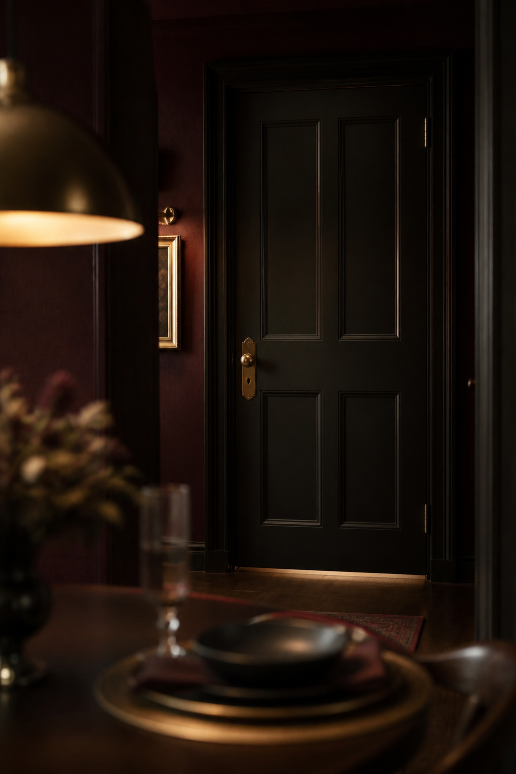 View from a dining table across a dark hallway to a closed powder room door with brass hardware