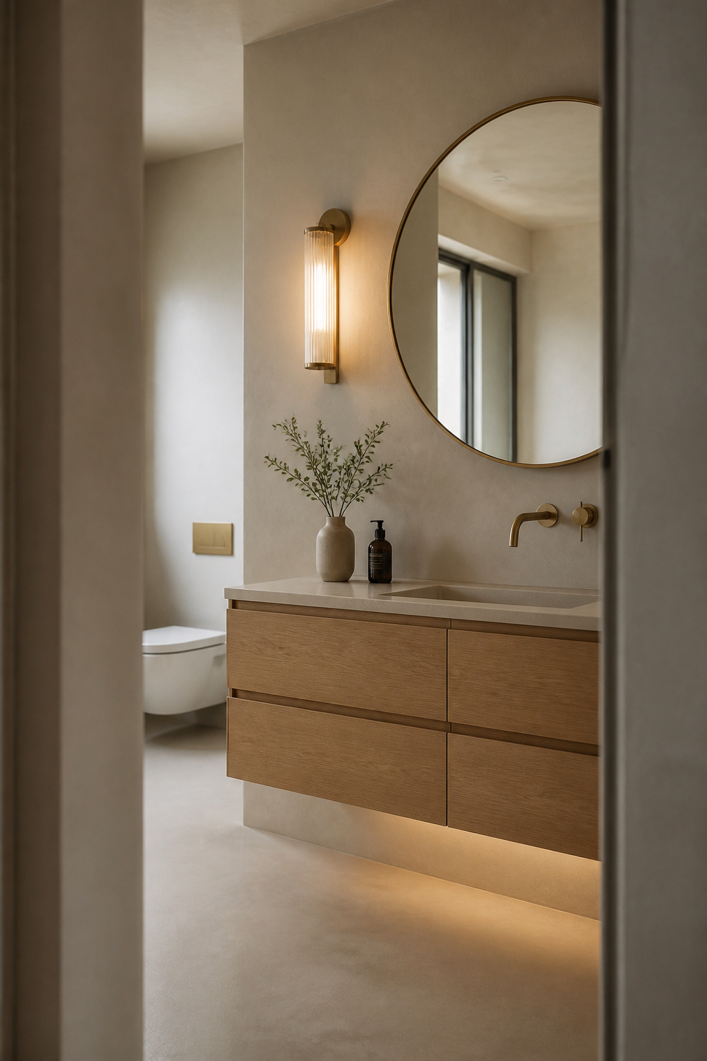 View through an open bathroom doorway landing on a floating oak vanity and mirror, with the toilet positioned out of the direct sightline