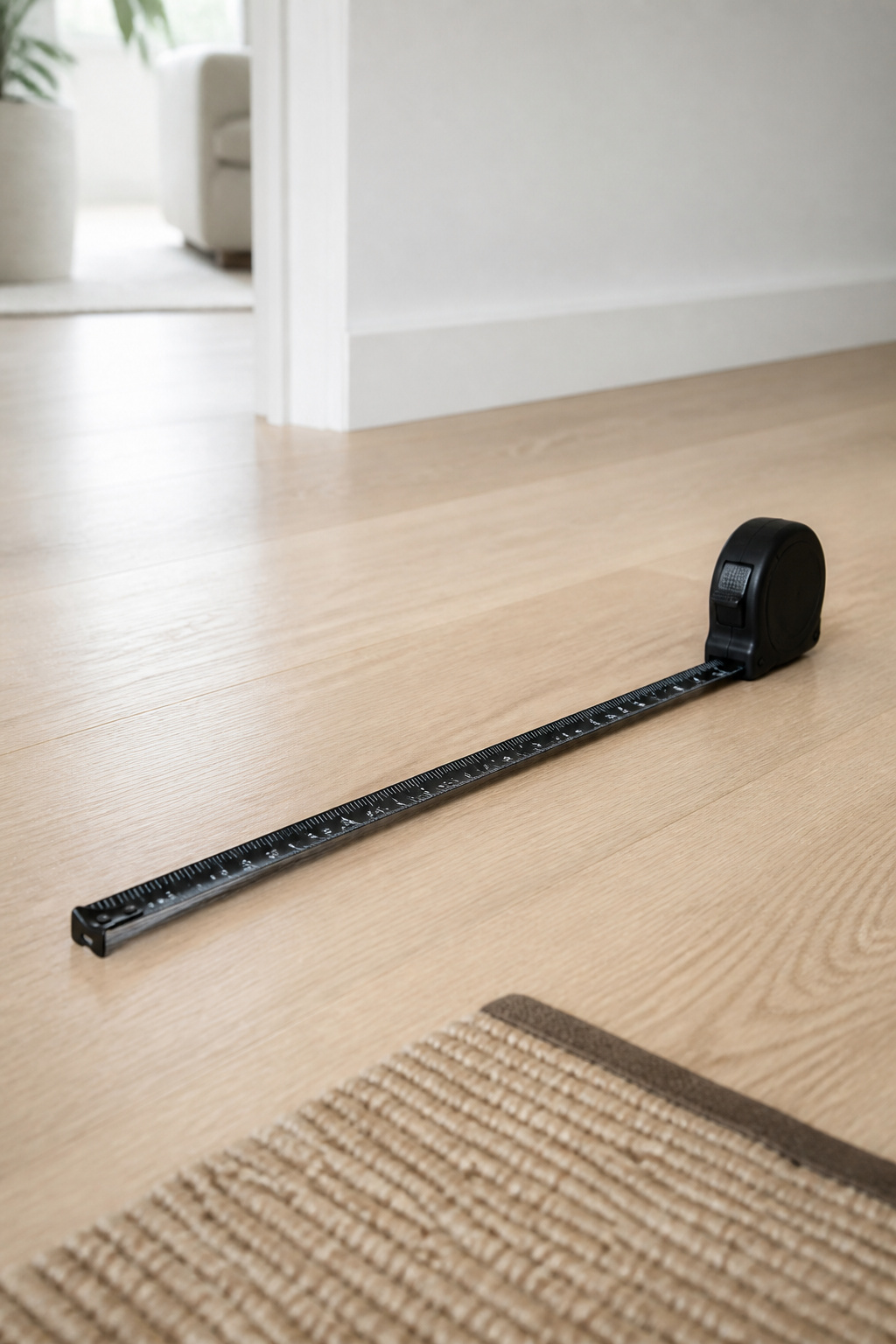 Tape measure stretched across a pale oak floor marking clear walkway width at a studio apartment entry