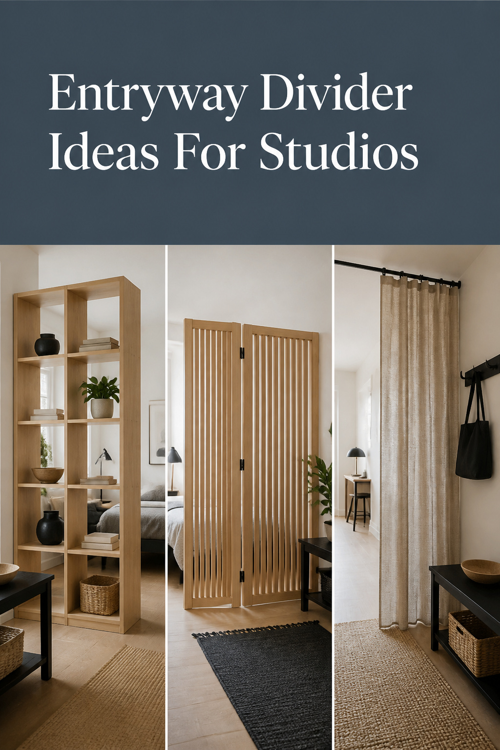 Pinterest collage of three entryway divider ideas: oak open shelving, a folding slatted screen, and a hanging flatweave curtain divider for a studio apartment