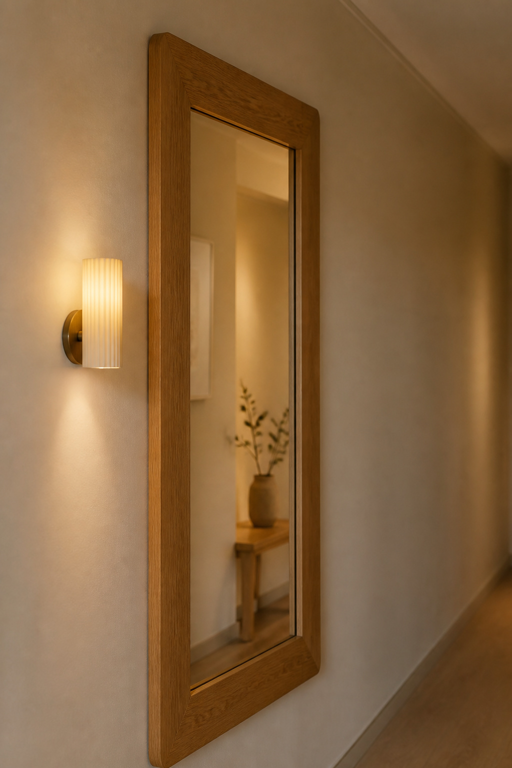 Oak-framed mirror and battery-powered wall sconce brightening a narrow windowless apartment hallway