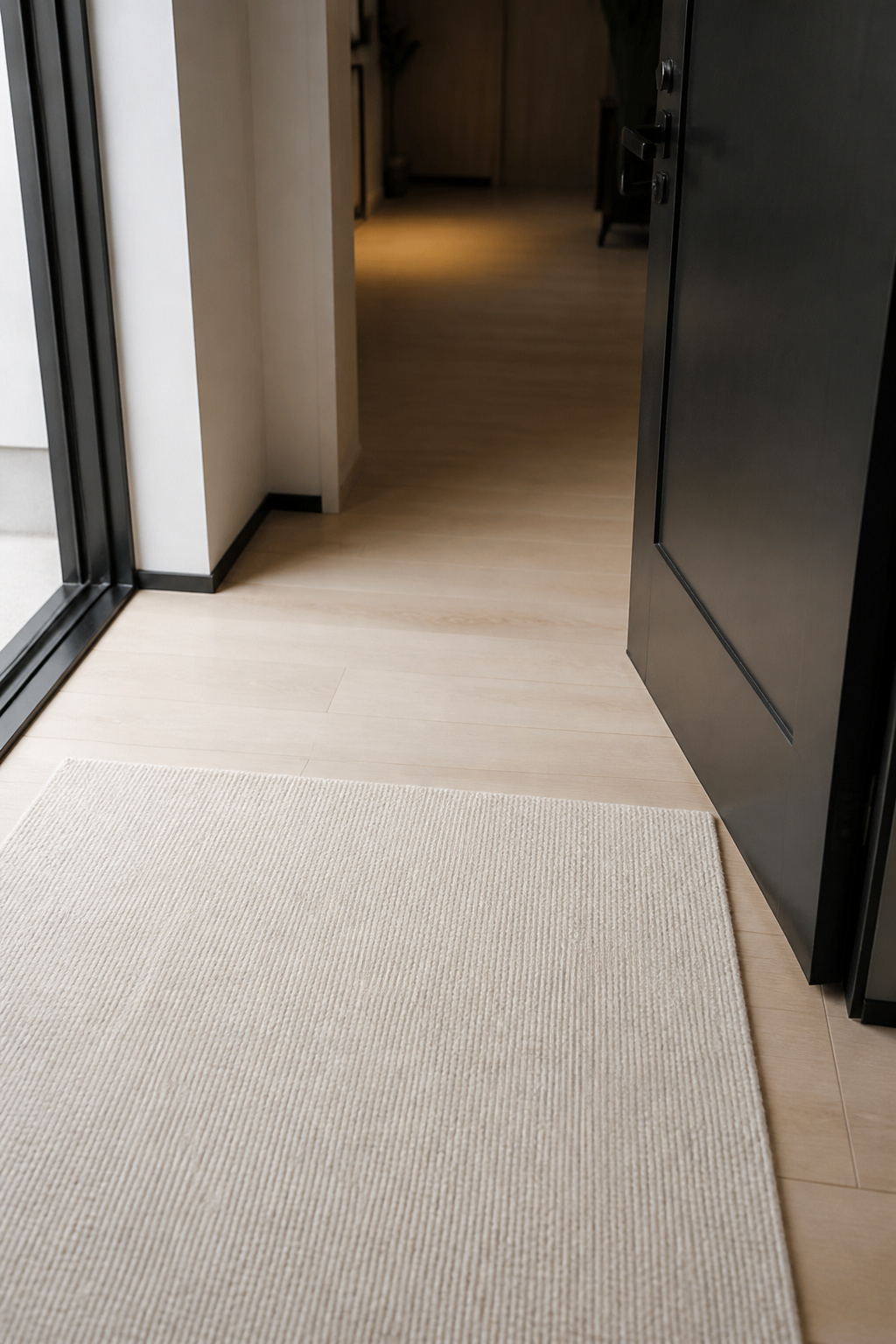 Pale entryway rug placed clear of an open door's swing, marking the arrival zone into a dim hallway