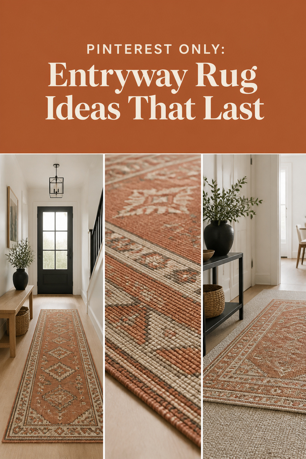 Pinterest pin collage of entryway rug ideas showing a hallway runner, flatweave texture close-up, and a rug layered over rental carpet