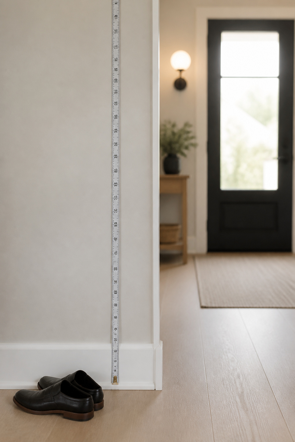 Tape measure held against a narrow apartment entryway wall to check depth before buying shoe storage