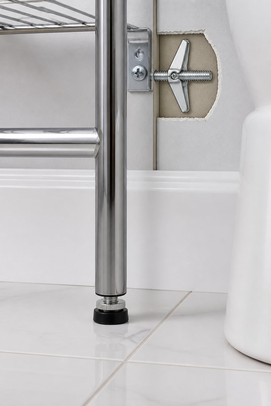 Close-up of adjustable rubber leveling foot on a bathroom etagere leg against white tile floor