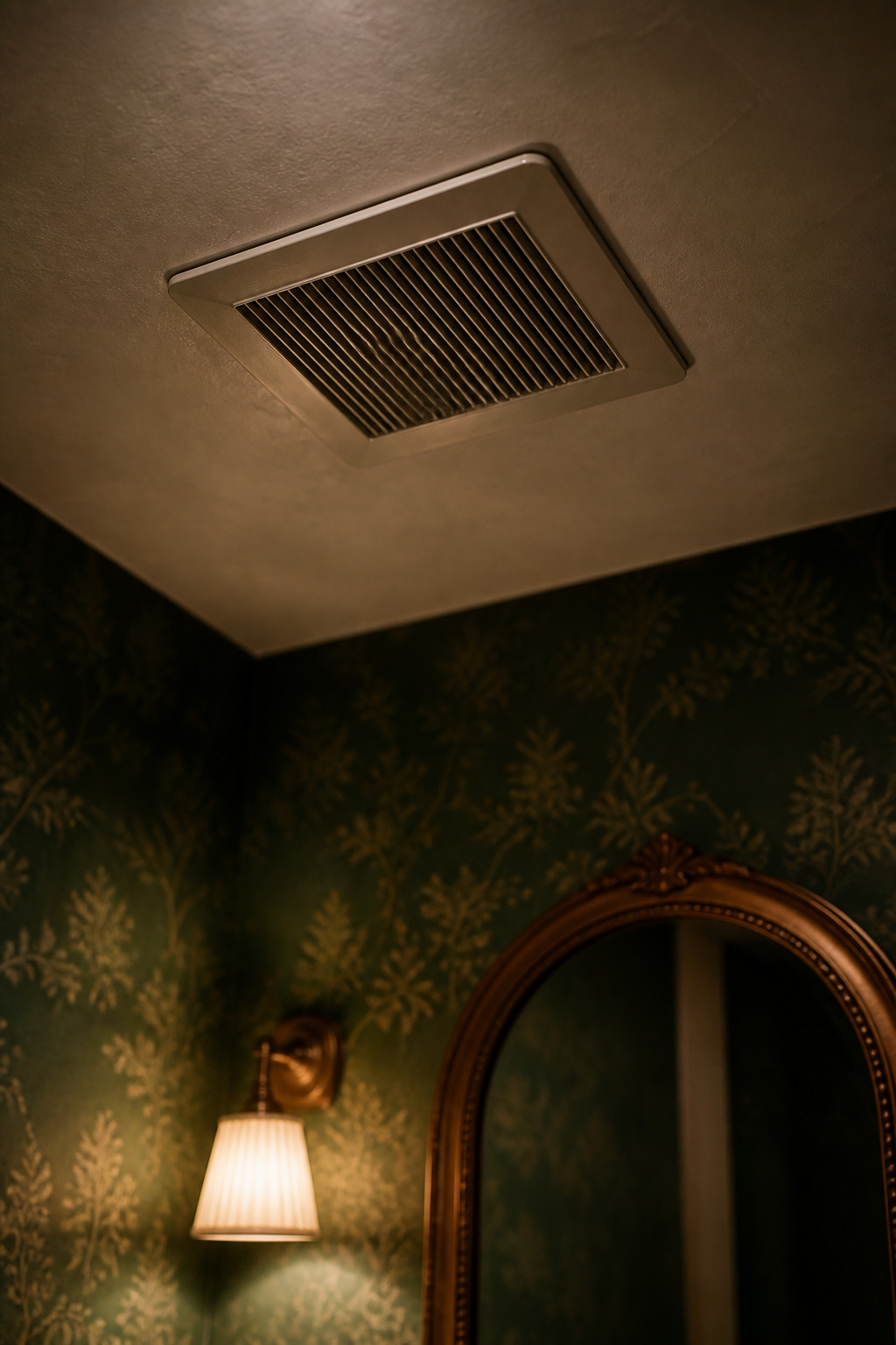 Low-profile exhaust fan grille set into a plaster ceiling above a dark powder room vanity
