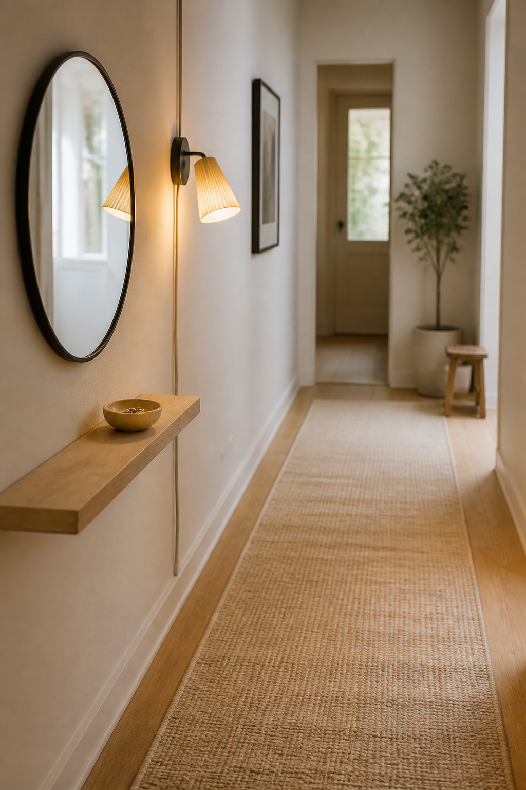 Fully styled rental hallway with a side-wall mirror, warm plug-in sconce, fresh warm-white walls, and a pale low-pile flatweave runner with visible floor border