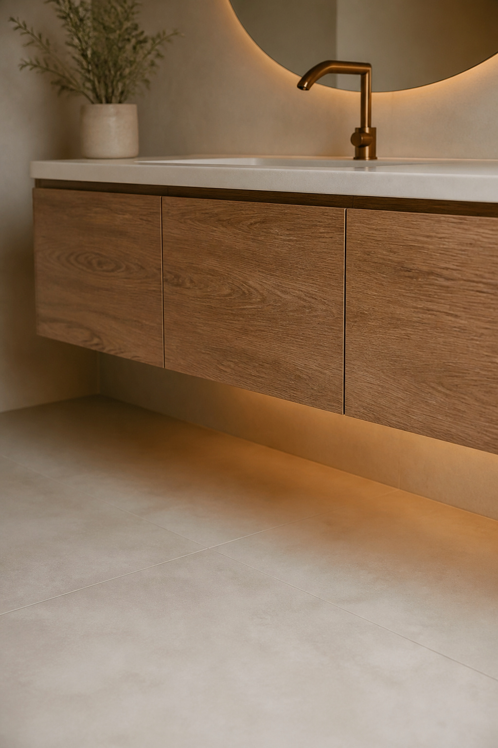 Finished warm oak bathroom vanity with a brushed-brass faucet and clean negative space beneath it against a bone microcement wall