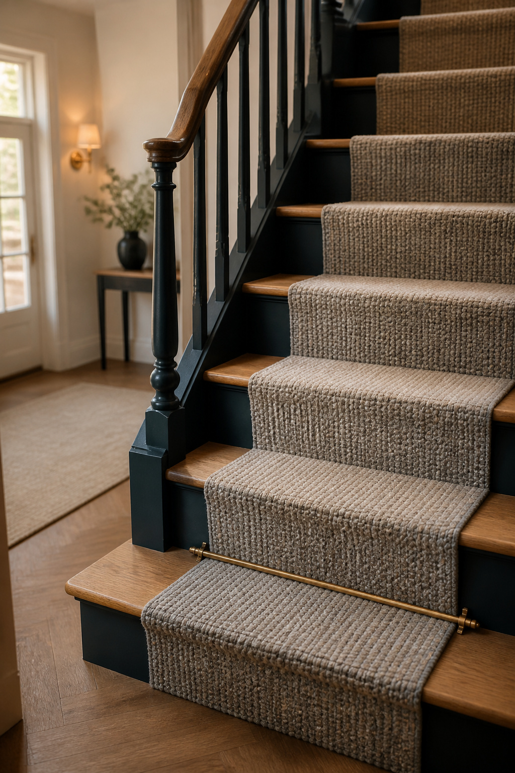 Finished staircase with deep blue-green painted risers, natural oak treads, and a woven wool runner down the center