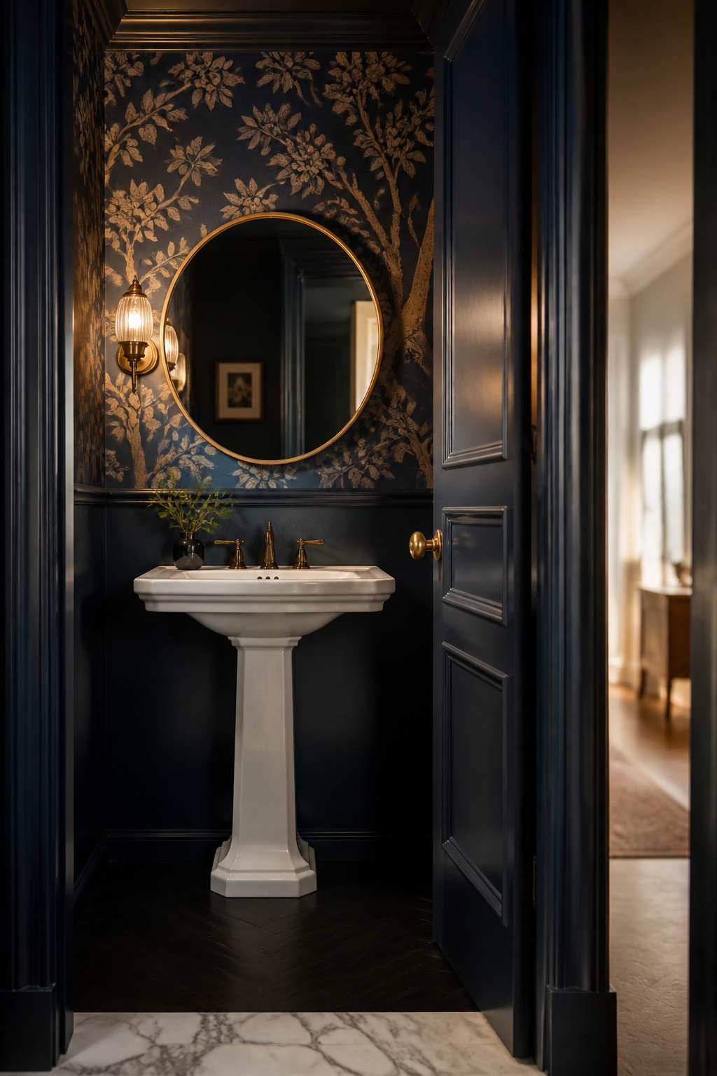 Complete small powder room with navy walls, patterned wallpaper, a pedestal sink and a round brass mirror