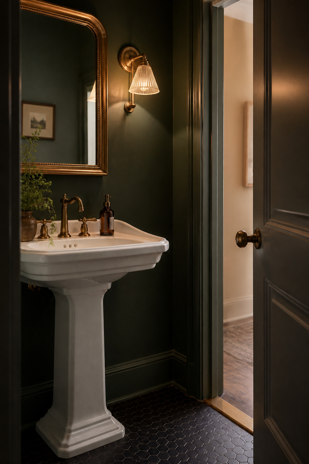 Finished powder room with a pedestal sink, mirror and a paneled door ajar against forest-green walls