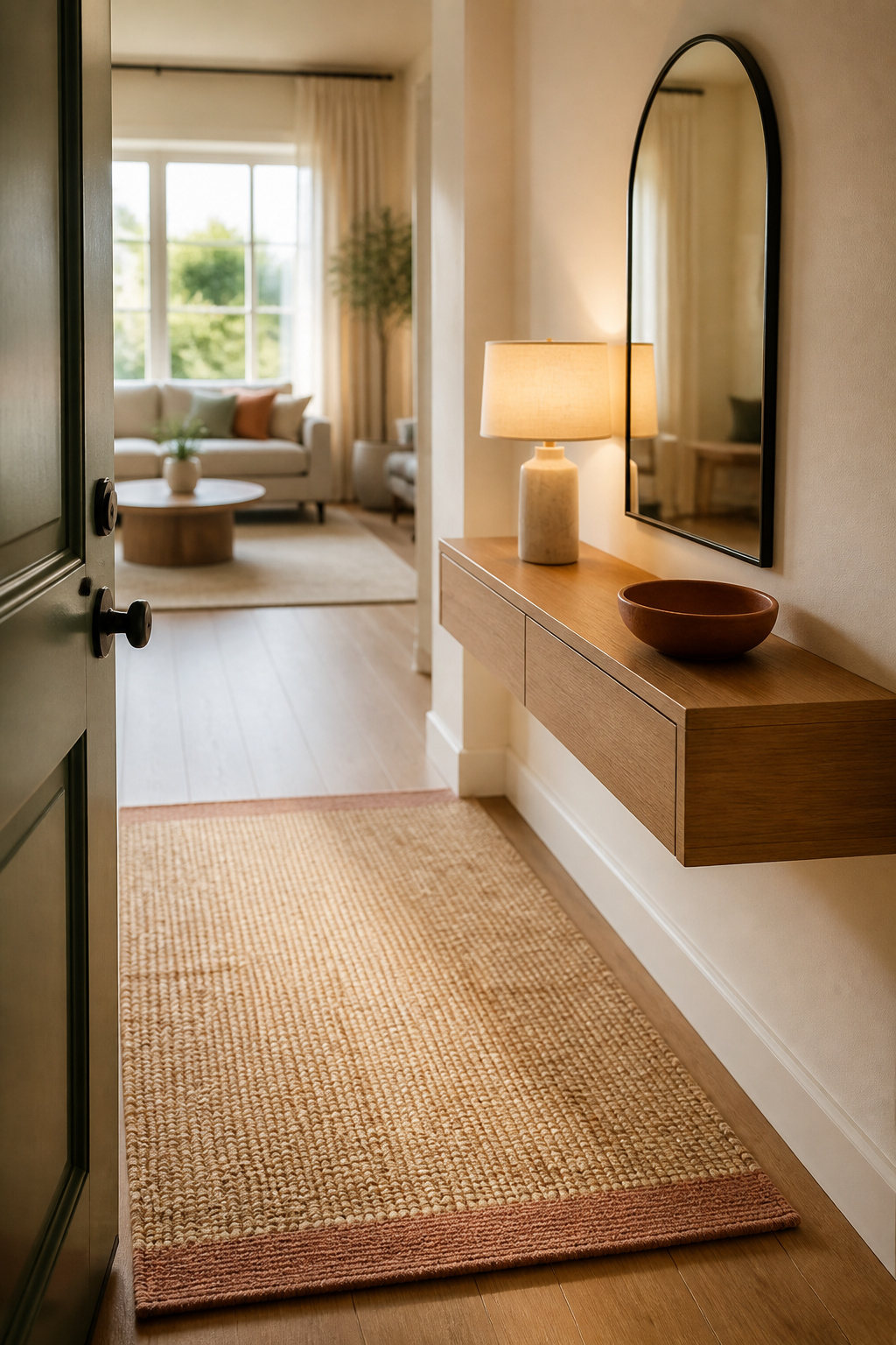 A finished rental entry threshold with a flatweave rug, floated console and one anchoring bowl, calm and fully resolved