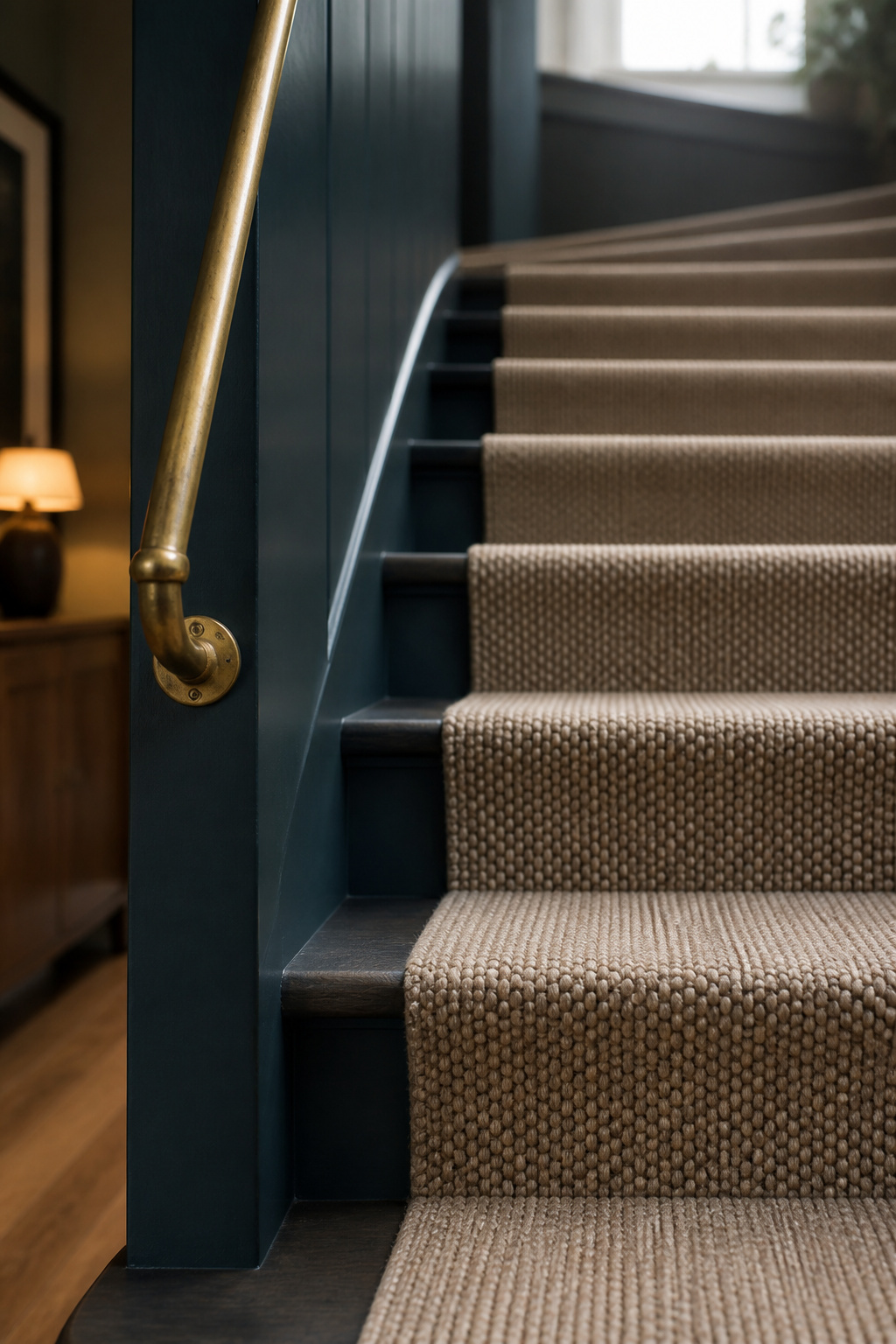 Finished staircase with a warm neutral flatweave wool runner against a deep blue-green painted stringer and brass handrail bracket