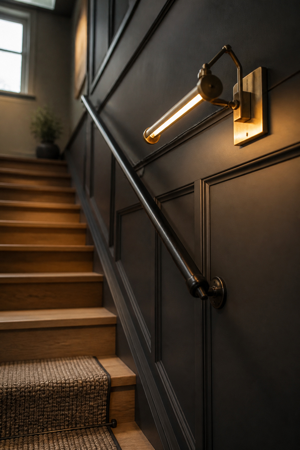 Finished stairwell with charcoal panelling, a black iron handrail and a warm brass picture light aligned together