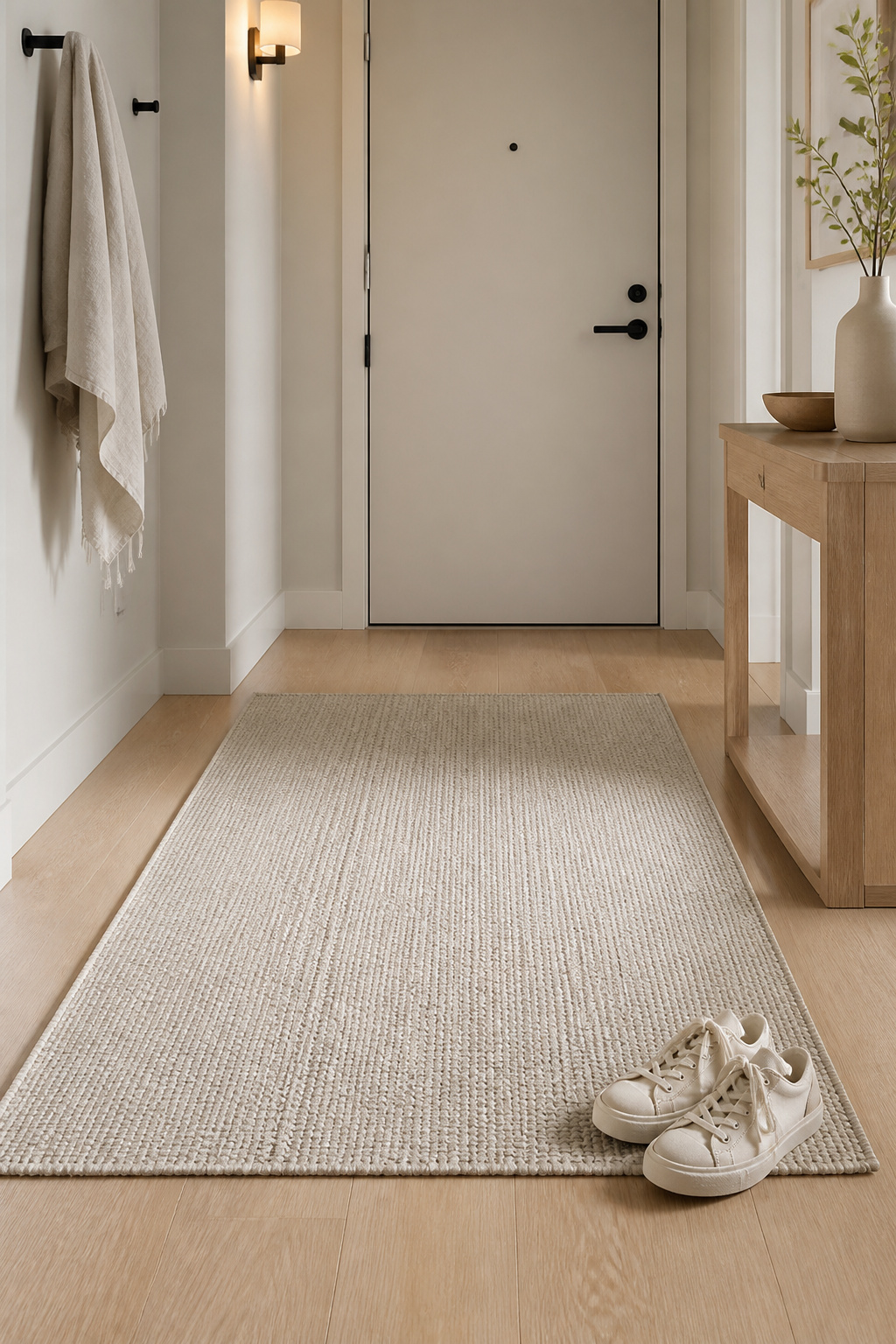 Pale flatweave wool-blend entryway rug sized to fit a narrow rental hallway beside a light oak console