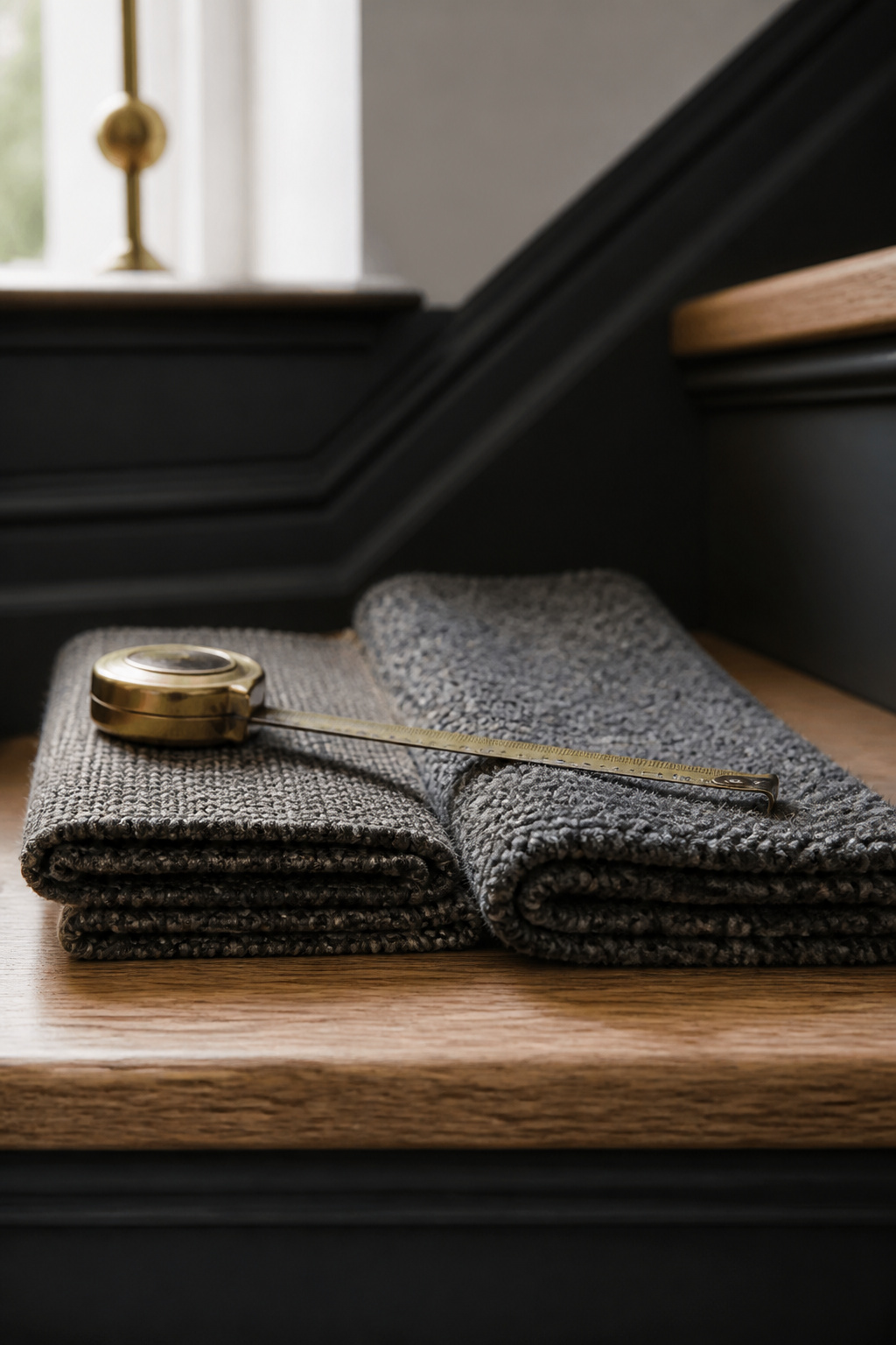 Two wool stair runner samples, one flatweave and one cut pile, laid side by side on an oak stair tread for comparison