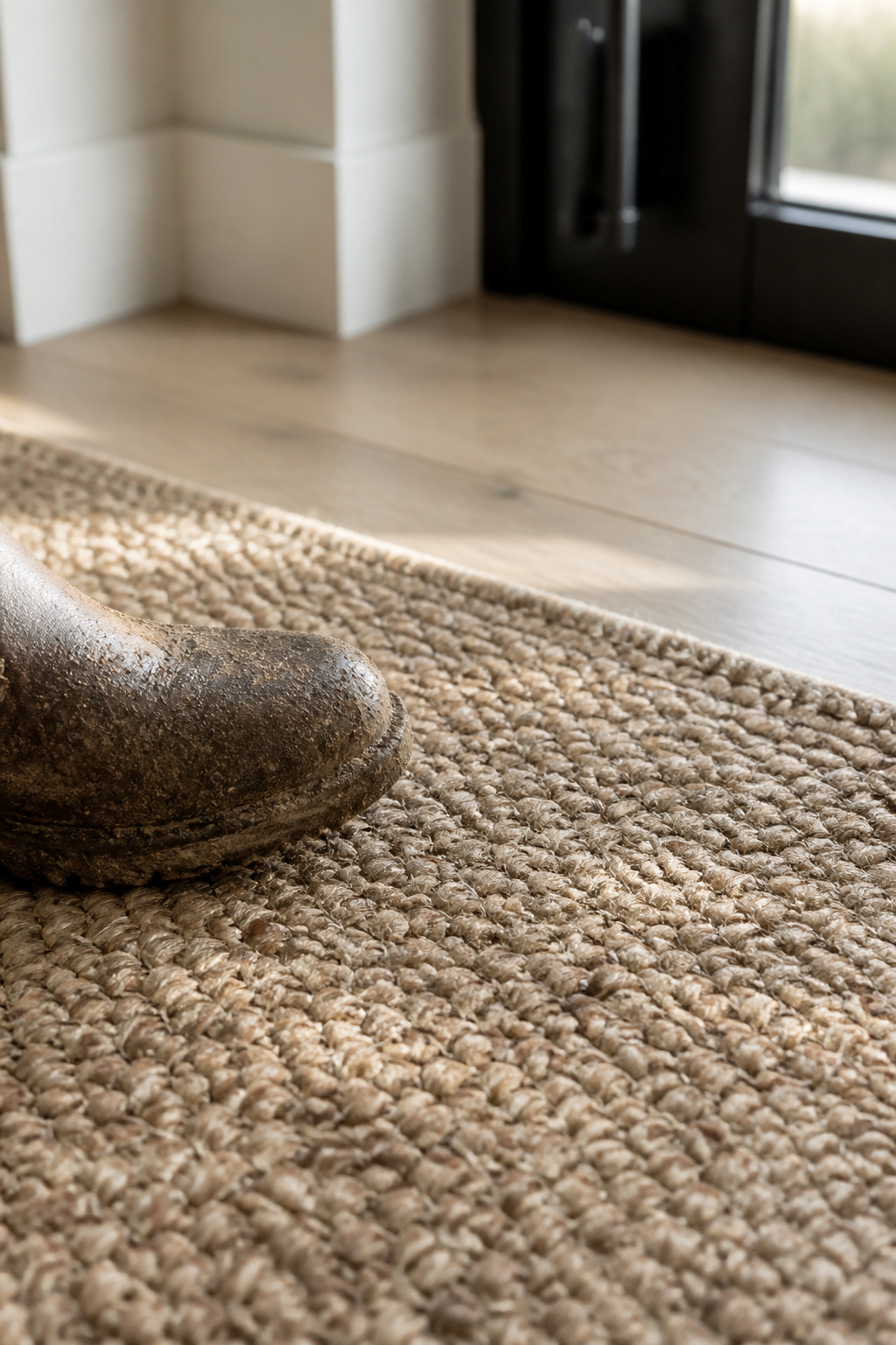 Close-up of a flatweave wool and jute blend entryway rug's durable weave under a muddy boot
