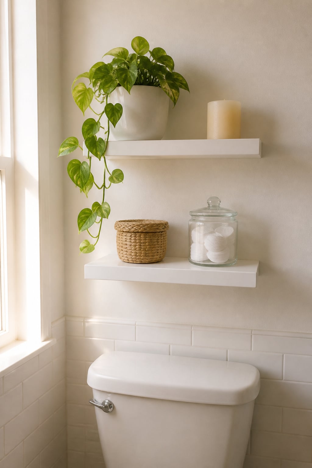 Two white floating shelves above a toilet, the lower shelf 24 inches above the tank lid, holding baskets and a plant