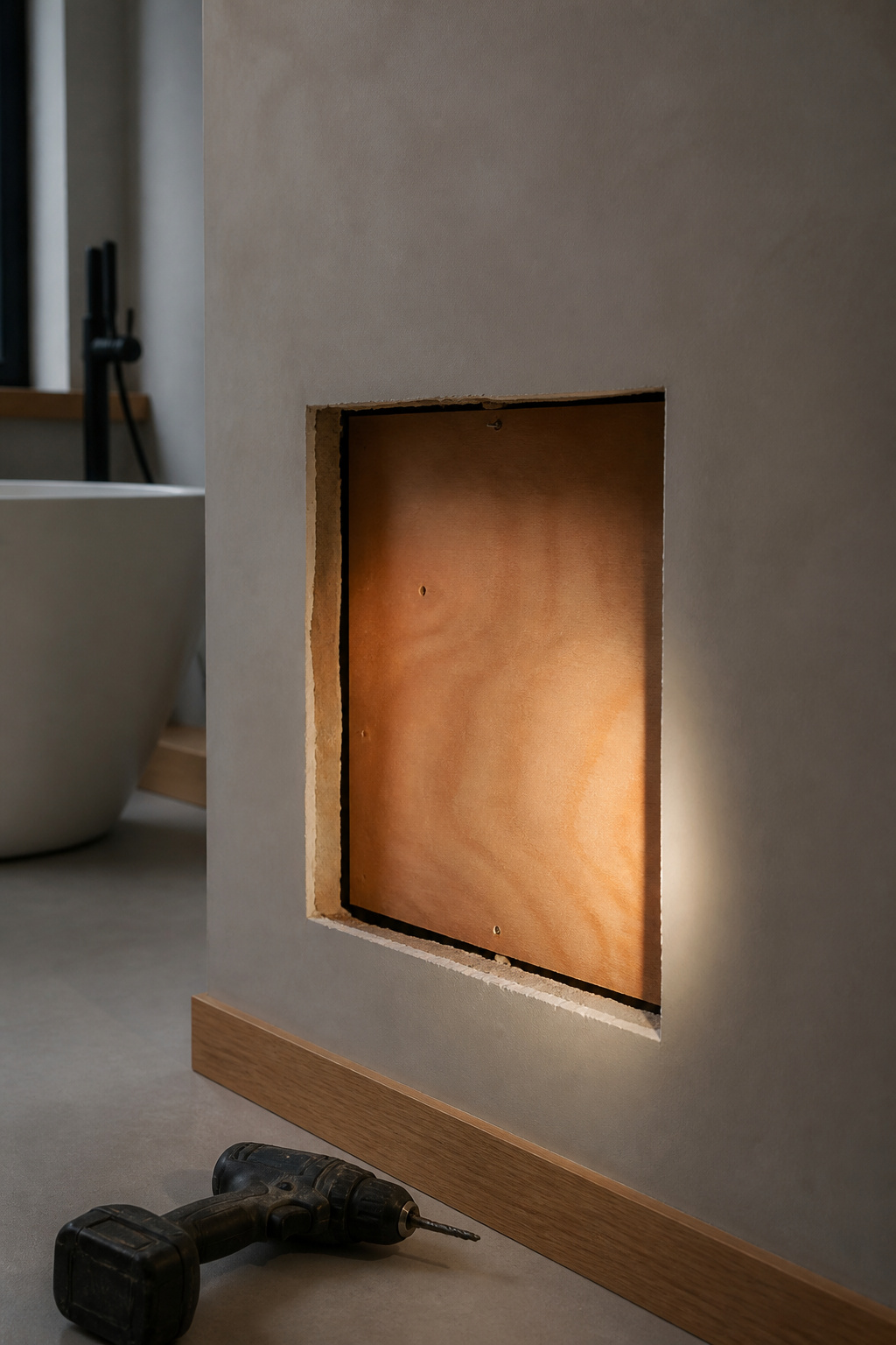 Small access opening cut into a bathroom wall revealing plywood backing for a floating vanity retrofit