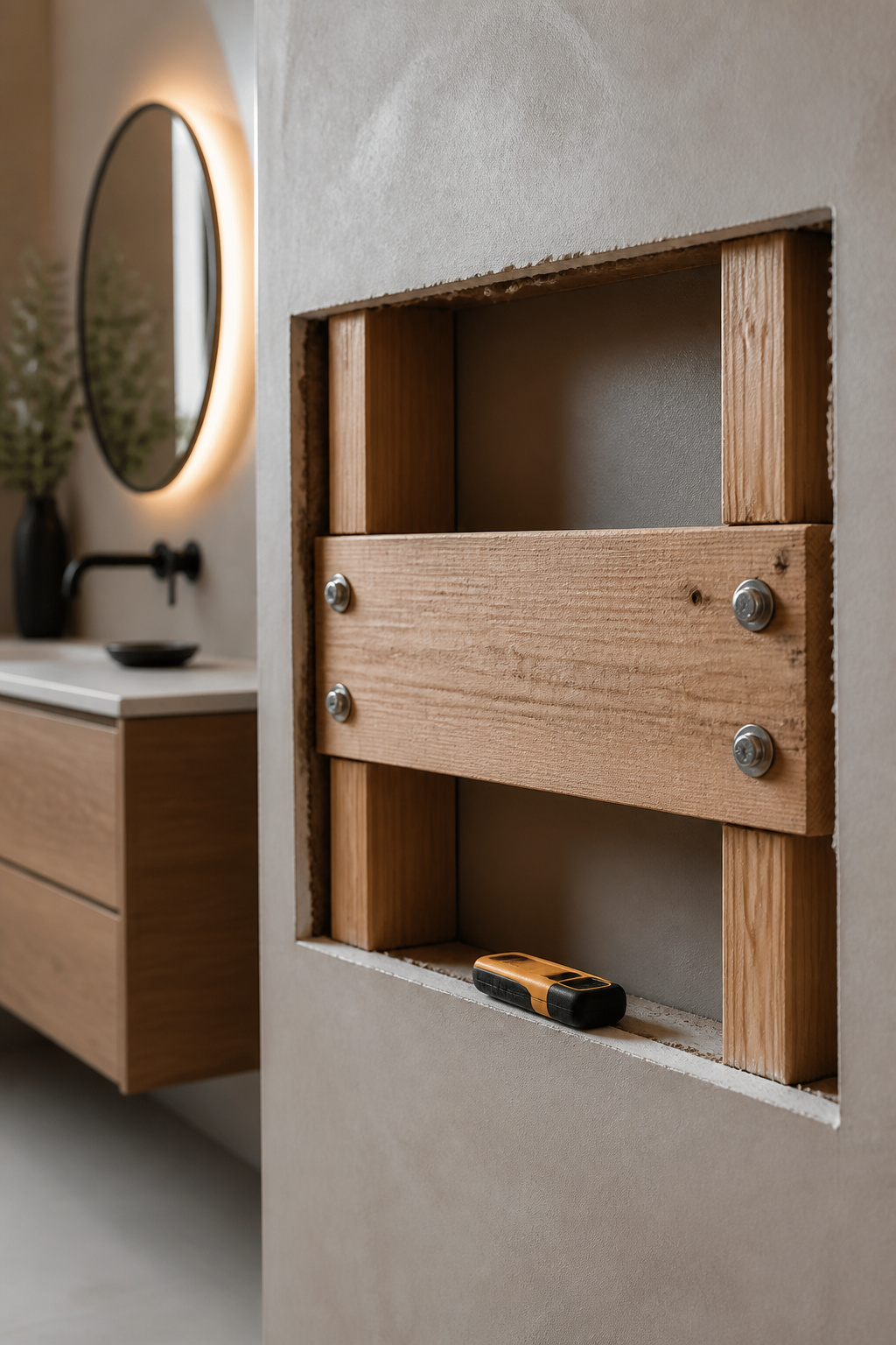 Wall cutaway showing horizontal wood blocking bolted between studs at floating vanity mounting height